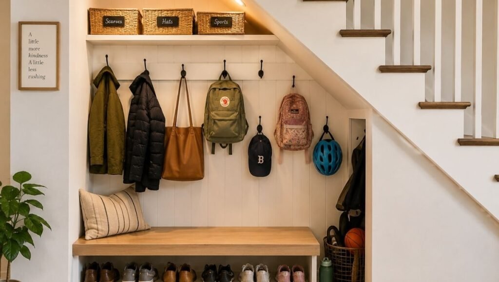 Under stairs mini mudroom with hooks at adult and child height bench with shoe cubbies and labeled baskets on sloped wall shelf