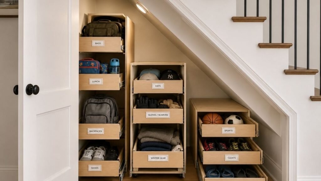 Under stairs closet showing pull-out drawers of different heights fitted to the sloped ceiling with motion light and labeled contents visible