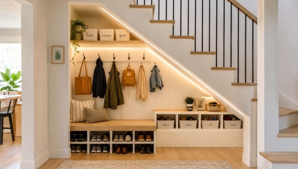 Under stairs storage converted to mini mudroom with wall hooks bench shoe storage labeled bins and LED strip lighting