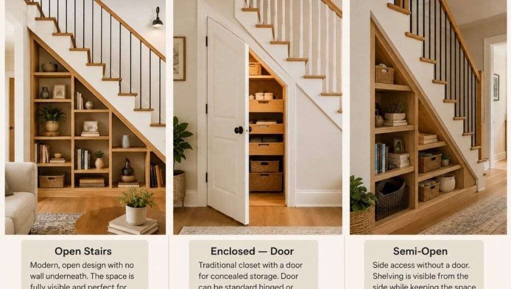 Three under stairs configurations compared — open staircase with shelving enclosed closet with door and semi open with side paneling