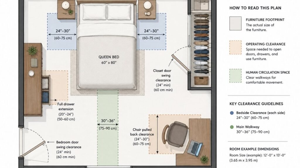 Bedroom layout clearance guide showing space around the bed, dresser, closet, and walkway