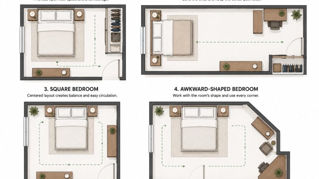Bedroom layout ideas for small, square, long narrow, and awkward-shaped rooms
