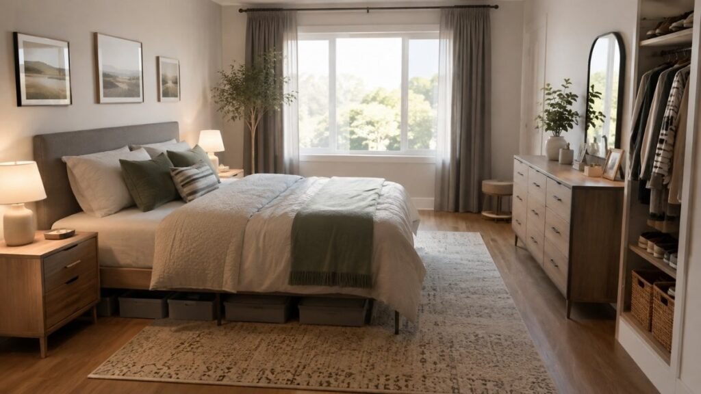 Practical bedroom layout with a bed, dresser, storage, and clear walking space