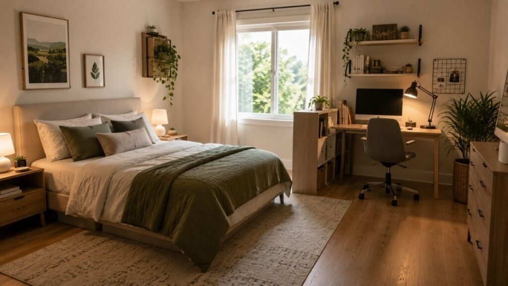 Bedroom layout with a compact desk and separate sleeping and work zones