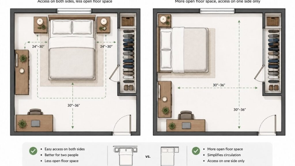 Centered bed versus bed against the wall bedroom layout comparison